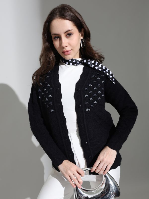 Globus Women Black V-neck Long Sleeves Embroidered Embellished Scalloped Placket Knitted Woollen Cardigan Sweater
