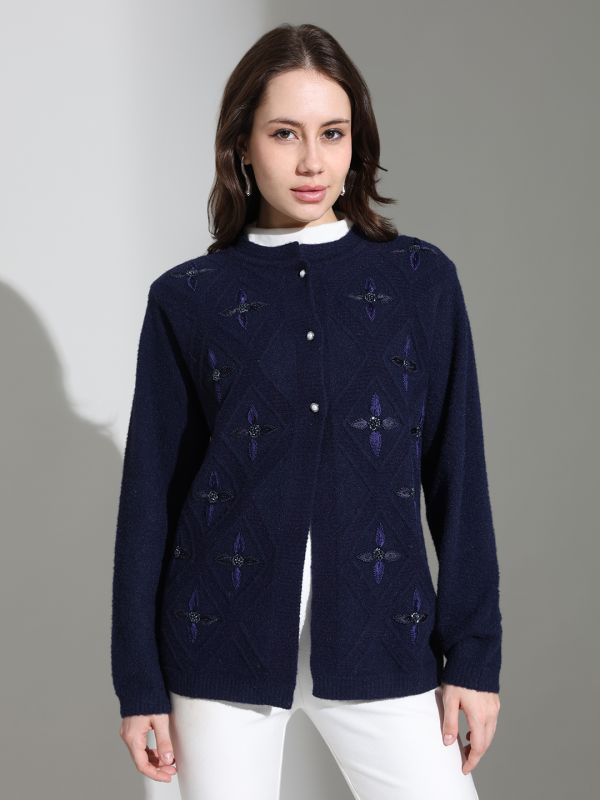 Globus Women Navy Blue Round Neck Long Sleeves Embroidered Embellished Knitted Woollen cardigan Sweater