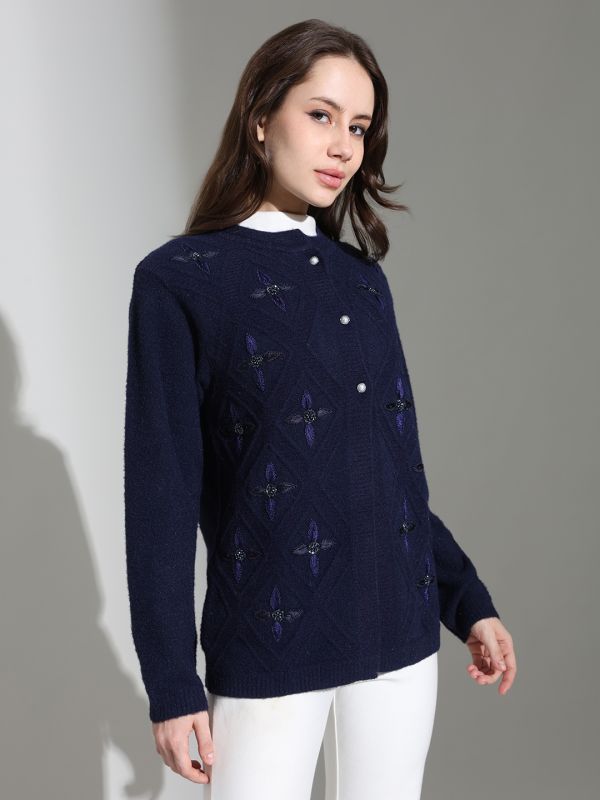 Globus Women Navy Blue Round Neck Long Sleeves Embroidered Embellished Knitted Woollen cardigan Sweater