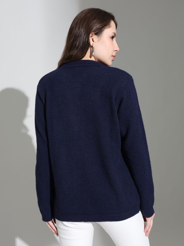Globus Women Navy Blue Round Neck Long Sleeves Embroidered Embellished Knitted Woollen cardigan Sweater