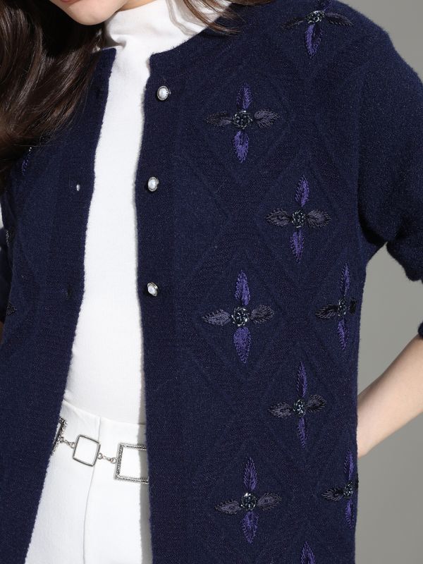 Globus Women Navy Blue Round Neck Long Sleeves Embroidered Embellished Knitted Woollen cardigan Sweater