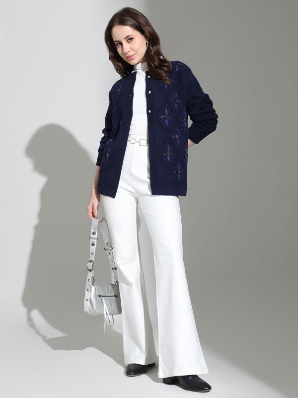 Globus Women Navy Blue Round Neck Long Sleeves Embroidered Embellished Knitted Woollen cardigan Sweater