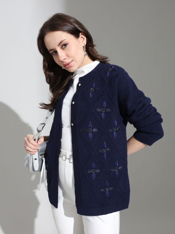 Globus Women Navy Blue Round Neck Long Sleeves Embroidered Embellished Knitted Woollen cardigan Sweater
