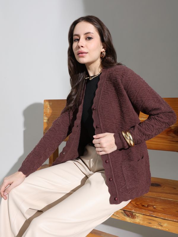 Globus Women Brown V-neck Long Sleeves Geometric Self Design Scalloped Placket Knitted Woollen Cardigan Sweater