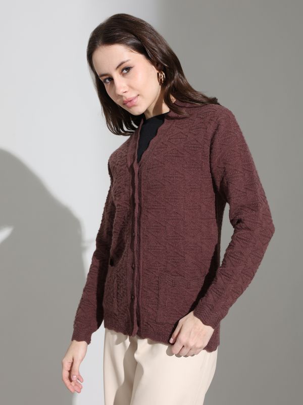 Globus Women Brown V-neck Long Sleeves Geometric Self Design Scalloped Placket Knitted Woollen Cardigan Sweater