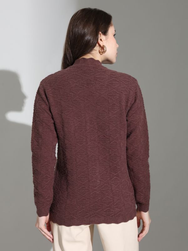 Globus Women Brown V-neck Long Sleeves Geometric Self Design Scalloped Placket Knitted Woollen Cardigan Sweater