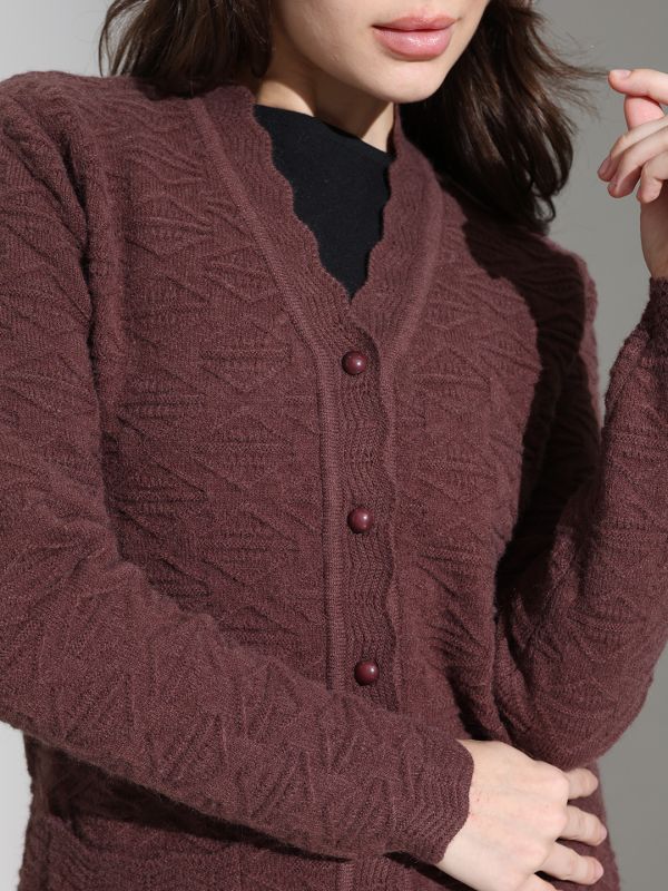 Globus Women Brown V-neck Long Sleeves Geometric Self Design Scalloped Placket Knitted Woollen Cardigan Sweater