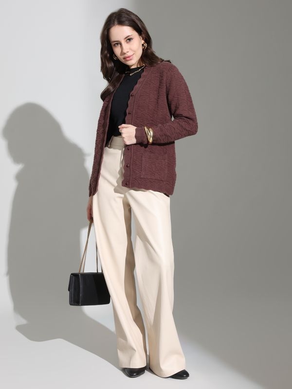 Globus Women Brown V-neck Long Sleeves Geometric Self Design Scalloped Placket Knitted Woollen Cardigan Sweater