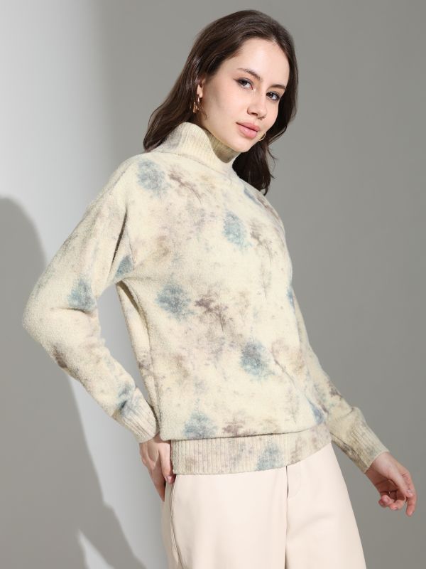 Globus Women Beige Turtle Neck Long Sleeves Abstract Self Design Knitted Woollen Pullover Sweater