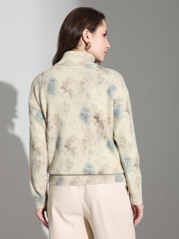 Globus Women Beige Turtle Neck Long Sleeves Abstract Self Design Knitted Woollen Pullover Sweater