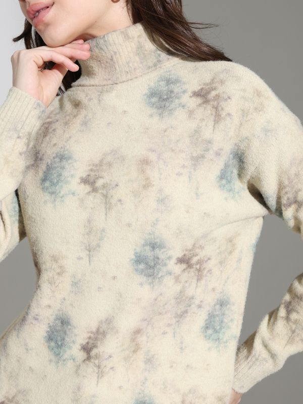 Globus Women Beige Turtle Neck Long Sleeves Abstract Self Design Knitted Woollen Pullover Sweater