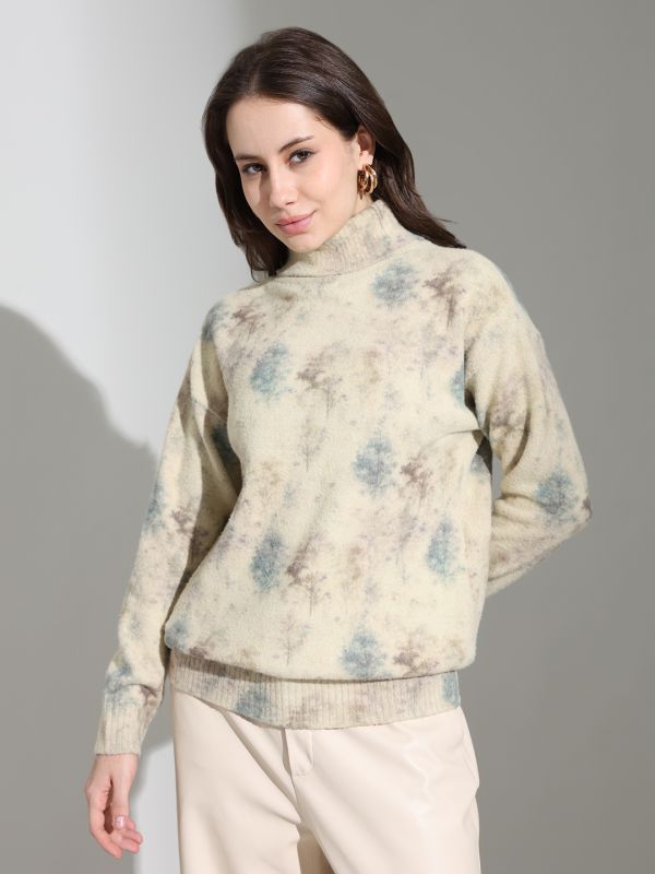 Globus Women Beige Turtle Neck Long Sleeves Abstract Self Design Knitted Woollen Pullover Sweater
