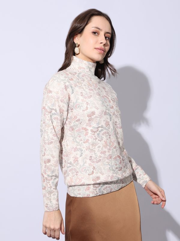 Globus Women White High Neck Long Sleeves Floral Print Self Design Woollen Winterwear Pullover Sweater