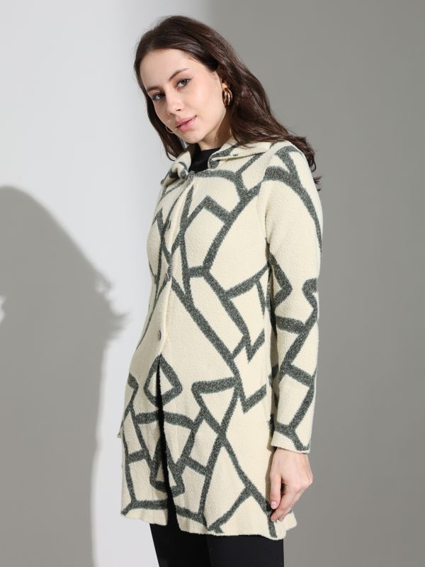 Globus Women Beige Spread Collar Long Sleeves Abstract Self Design Wool Regular Fit Overcoat