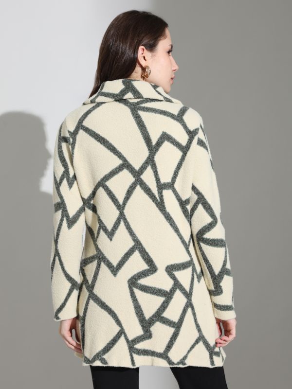 Globus Women Beige Spread Collar Long Sleeves Abstract Self Design Wool Regular Fit Overcoat