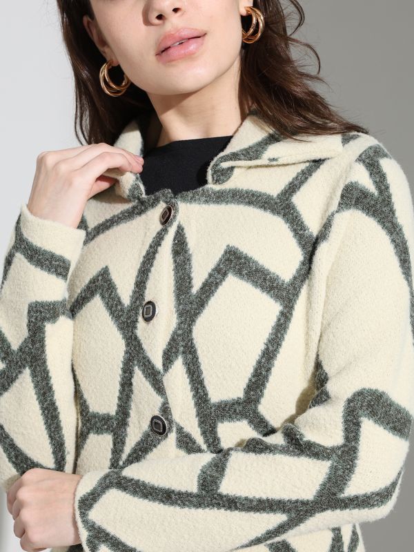 Globus Women Beige Spread Collar Long Sleeves Abstract Self Design Wool Regular Fit Overcoat