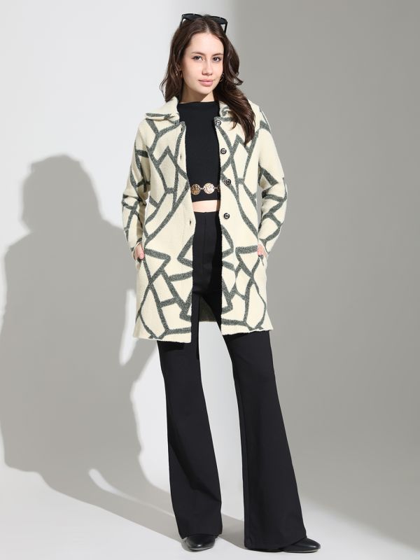 Globus Women Beige Spread Collar Long Sleeves Abstract Self Design Wool Regular Fit Overcoat