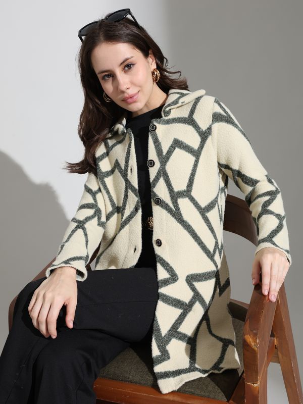 Globus Women Beige Spread Collar Long Sleeves Abstract Self Design Wool Regular Fit Overcoat