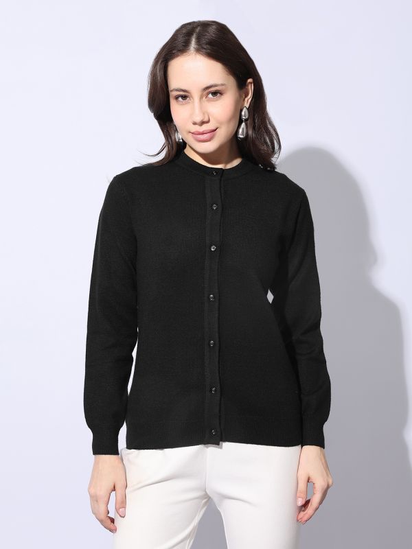 Globus Women Black Round Neck Long Sleeves Self Design Ribbed Hem Woollen Winterwear Cardigan Sweater