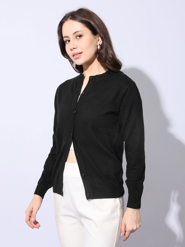 Globus Women Black Round Neck Long Sleeves Self Design Ribbed Hem Woollen Winterwear Cardigan Sweater