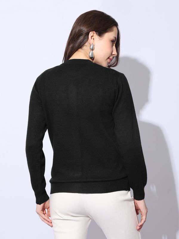 Globus Women Black Round Neck Long Sleeves Self Design Ribbed Hem Woollen Winterwear Cardigan Sweater