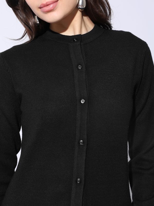 Globus Women Black Round Neck Long Sleeves Self Design Ribbed Hem Woollen Winterwear Cardigan Sweater