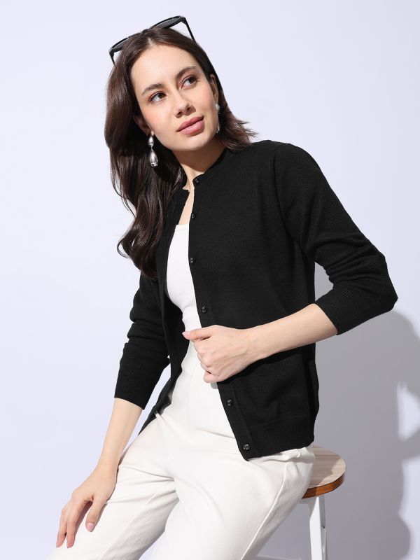 Globus Women Black Round Neck Long Sleeves Self Design Ribbed Hem Woollen Winterwear Cardigan Sweater