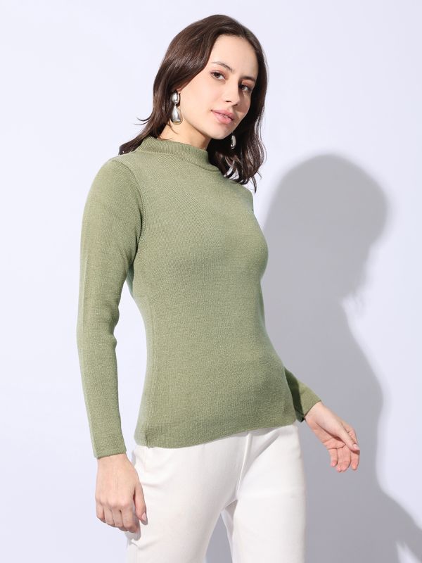 Globus Women Green High Neck Long Sleeves Self Design Woollen Winterwear Pullover Sweater