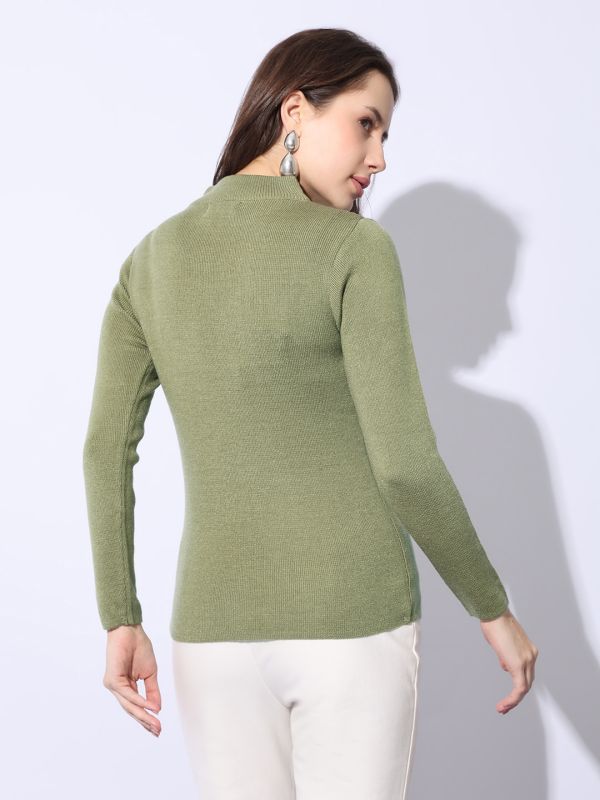 Globus Women Green High Neck Long Sleeves Self Design Woollen Winterwear Pullover Sweater