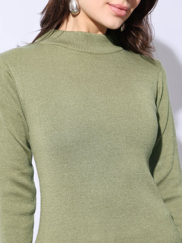 Globus Women Green High Neck Long Sleeves Self Design Woollen Winterwear Pullover Sweater