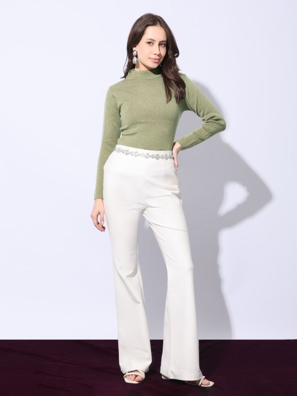 Globus Women Green High Neck Long Sleeves Self Design Woollen Winterwear Pullover Sweater