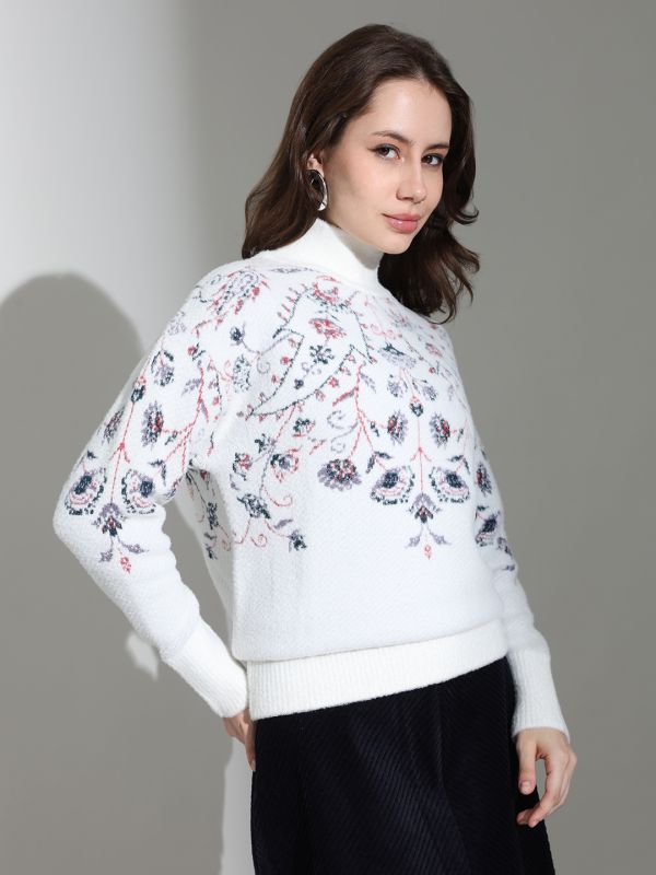 Globus Women Off-white Turtle Neck Long Sleeves Floral Self Design Knitted Woollen Pullover Sweater
