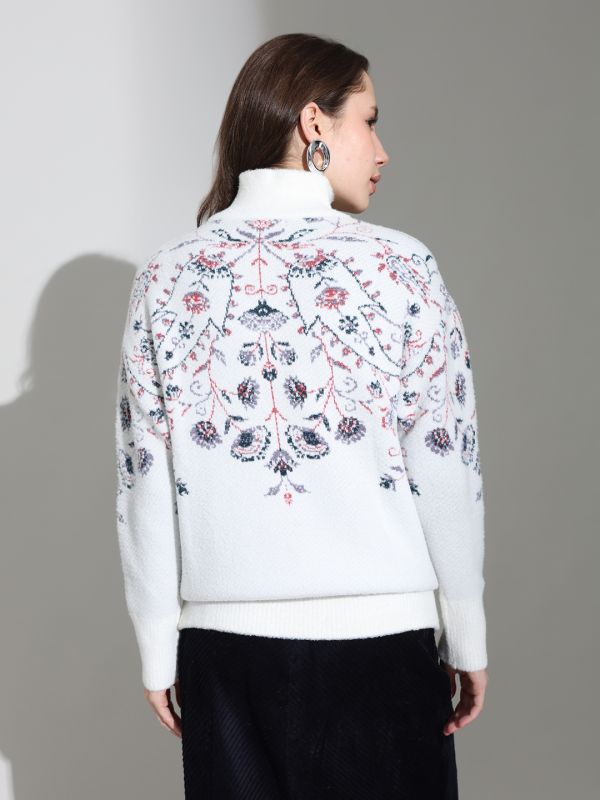 Globus Women Off-white Turtle Neck Long Sleeves Floral Self Design Knitted Woollen Pullover Sweater
