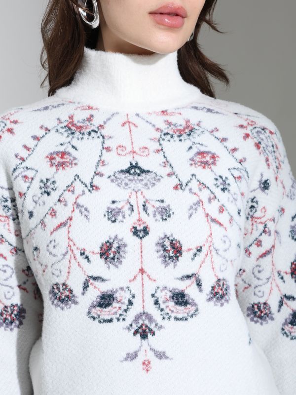 Globus Women Off-white Turtle Neck Long Sleeves Floral Self Design Knitted Woollen Pullover Sweater