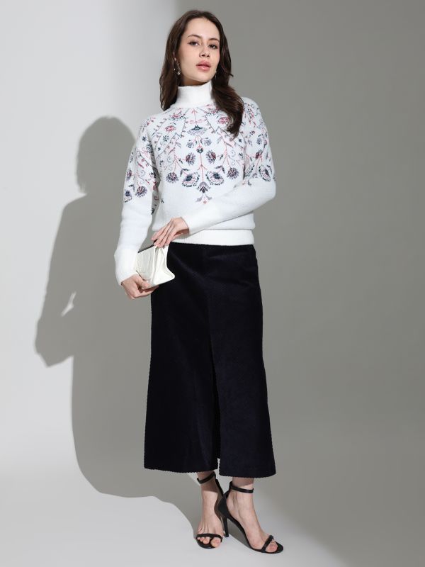 Globus Women Off-white Turtle Neck Long Sleeves Floral Self Design Knitted Woollen Pullover Sweater