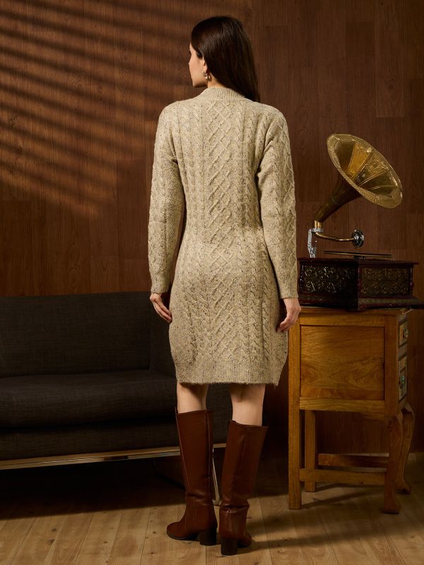 Globus Women Beige High Neck Long Sleeves Self Design Acrylic Above Knee Straight Fit Winterwear Dress
