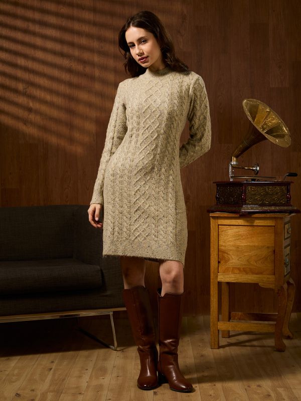 Globus Women Beige High Neck Long Sleeves Self Design Acrylic Above Knee Straight Fit Winterwear Dress