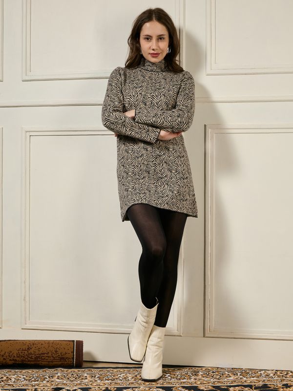 Globus Women Black High Neck Long Sleeves Self Design Acrylic Above Knee Straight Fit Winterwear Dress