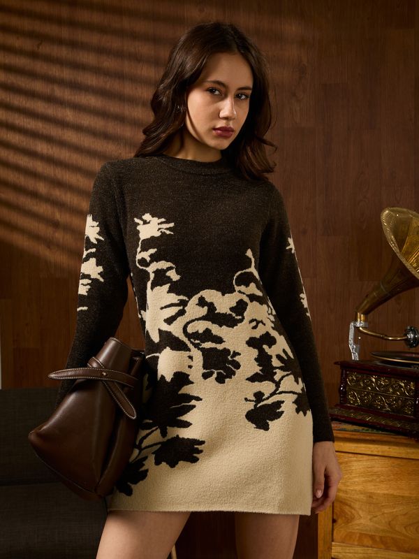 Globus Women Brown Round Neck Long Sleeves Floral Self Design Acrylic Mini Straight Fit Winterwear Dress
