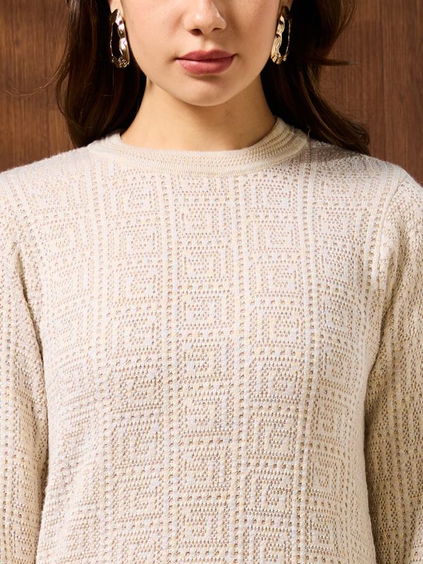 Globus Women Off White Round Neck Long Sleeves Self Design Acrylic Mini Straight Fit Winterwear Dress