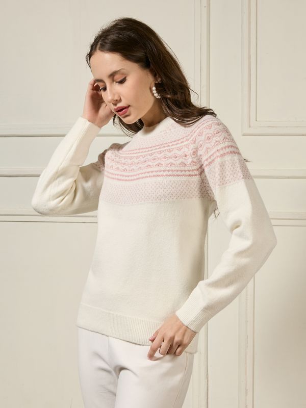 Globus Women Off White Round Neck Long Sleeves Pearl Embellished Self Design Acrylic Winterwear Pullover Sweater