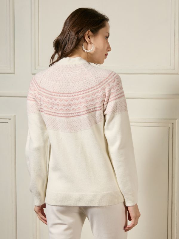 Globus Women Off White Round Neck Long Sleeves Pearl Embellished Self Design Acrylic Winterwear Pullover Sweater