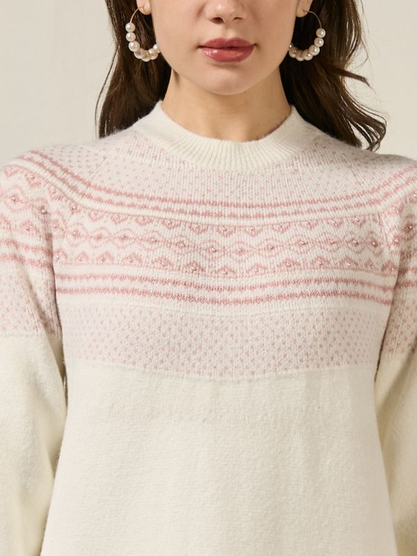 Globus Women Off White Round Neck Long Sleeves Pearl Embellished Self Design Acrylic Winterwear Pullover Sweater