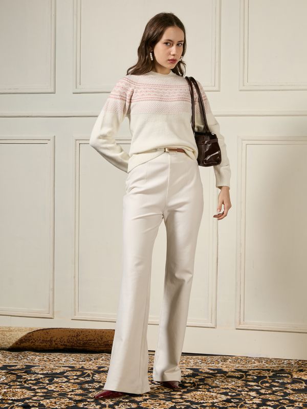Globus Women Off White Round Neck Long Sleeves Pearl Embellished Self Design Acrylic Winterwear Pullover Sweater
