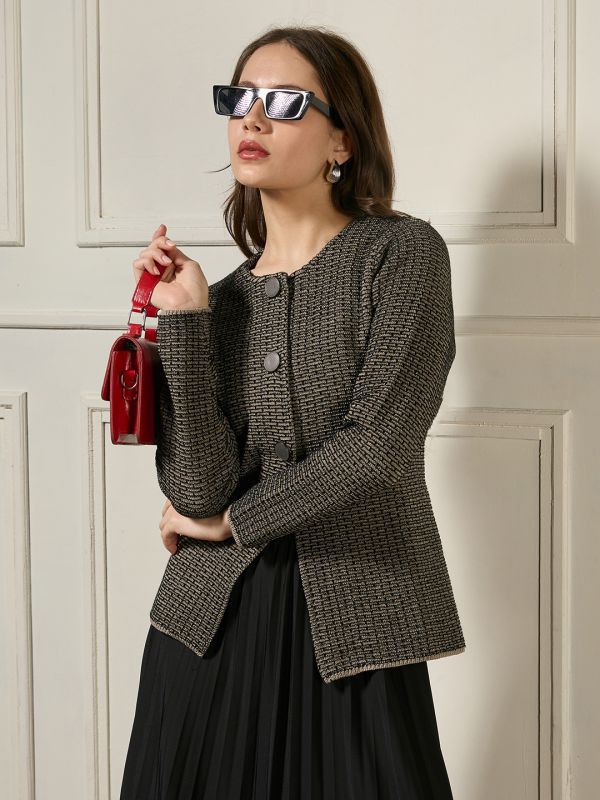 Globus Women Black Round Neck Long Sleeves Self Design Shimmer Detail Acrylic Winterwear Cardigan Sweater