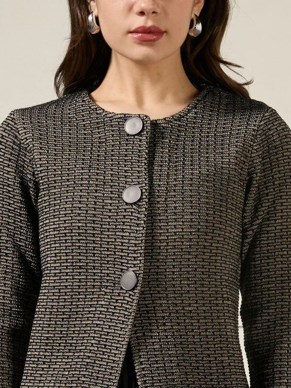 Globus Women Black Round Neck Long Sleeves Self Design Shimmer Detail Acrylic Winterwear Cardigan Sweater