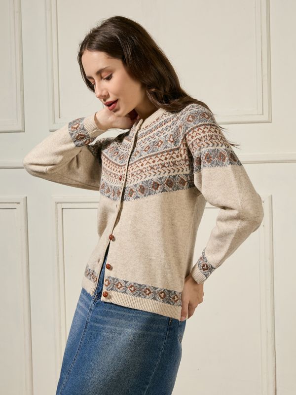 Globus Women Beige Mandarin Collar Long Sleeves Geometric Self Design Acrylic Winterwear Cardigan Sweater