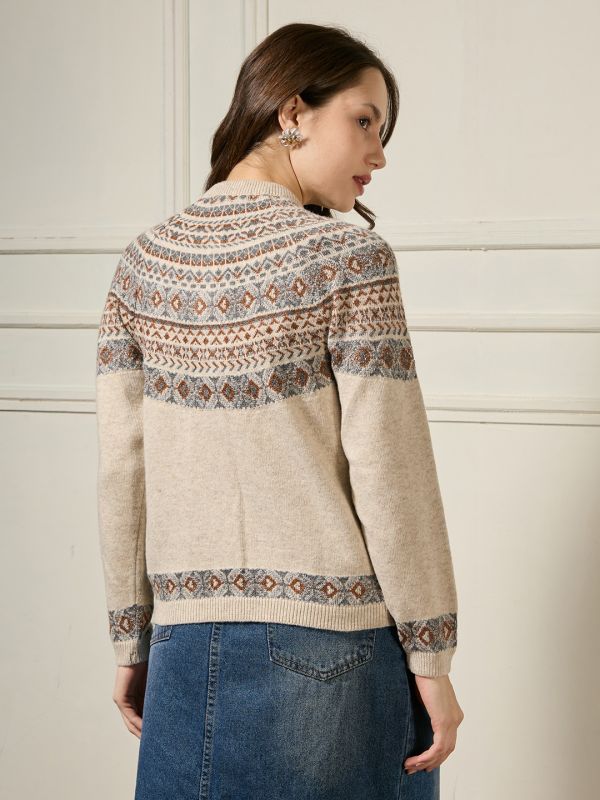 Globus Women Beige Mandarin Collar Long Sleeves Geometric Self Design Acrylic Winterwear Cardigan Sweater