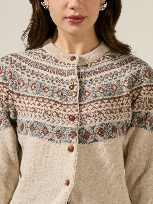 Globus Women Beige Mandarin Collar Long Sleeves Geometric Self Design Acrylic Winterwear Cardigan Sweater