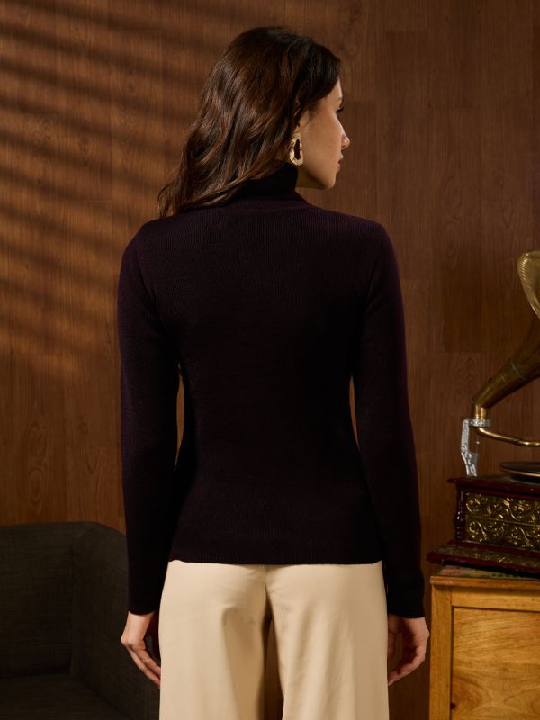 Globus Women Brown Turtle Neck Long Sleeves Self Design Acrylic Winterwear Pullover Sweater